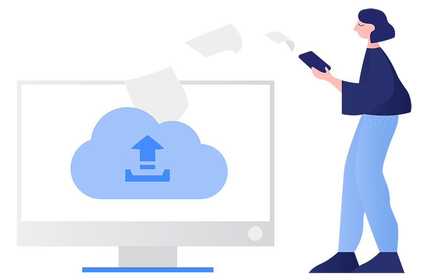 Illustration of a person uploading documents to the cloud using a tablet