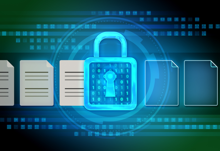 3D illustration of a blue lock with binary code, surrounded by file folders, on a digital green background