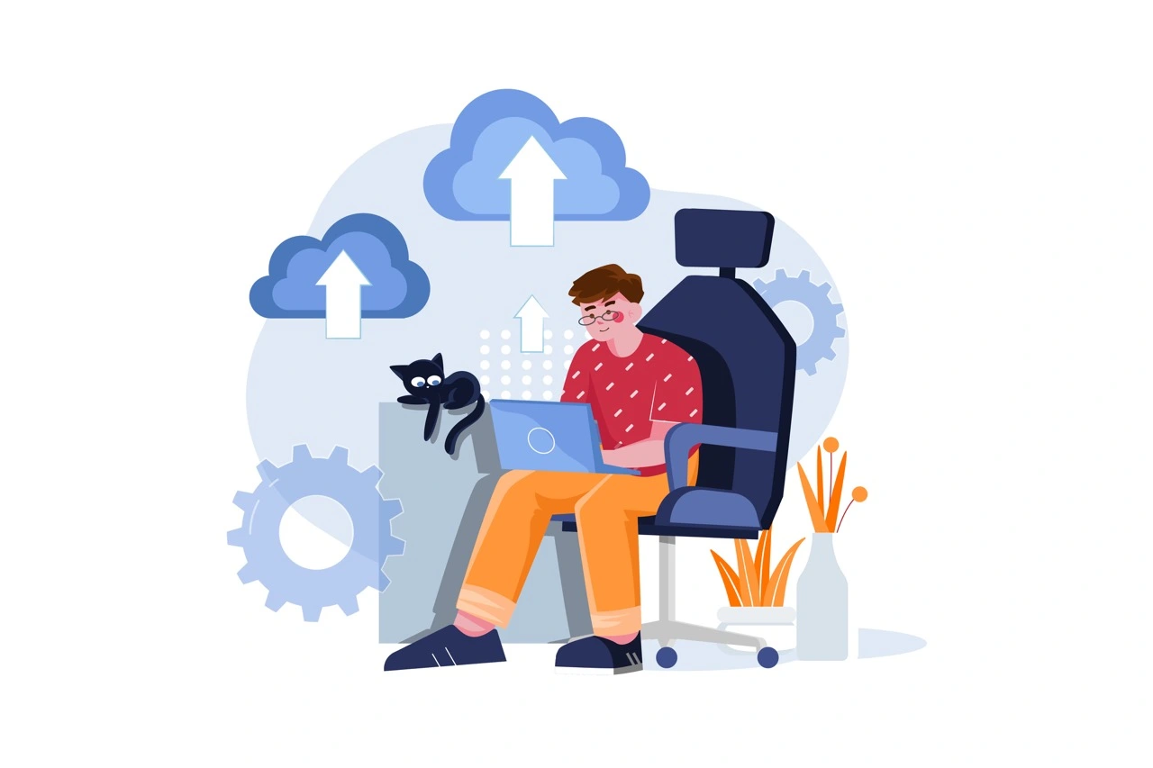 illustration of a man with a laptop and a black cat