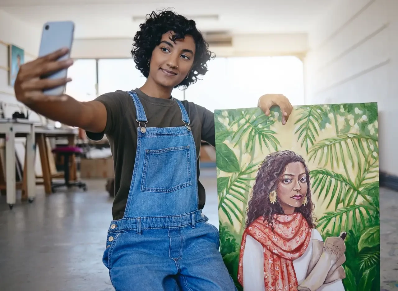 woman phone selfie or art painting for design contest form