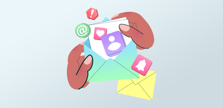 illustration of email with attachments two hands are opening an envelope
